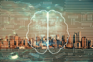 Brain hologram drawing on cityscape background multi exposure. Ai in modern city concept.
