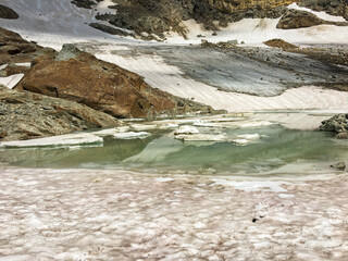 Panoramic view of a glacial lake at the base of Pizzo Suretta.