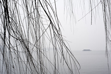 Willow tree and tourist boat, West Lake in winter, Hangzhou