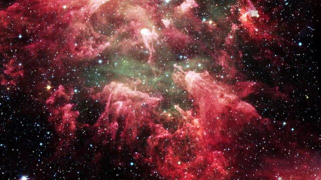 Space flight into Carina Nebula star field. 4K 3D rendering. Flight Through Space With star field, Galaxy and Nebulae. Elements furnished by NASA Hubble images.
