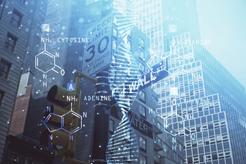 Double exposure of DNA drawing and cityscape background. Concept of education.