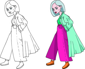 vector fashion girl in trendy colors. cartoon drawing style. bright and fashionable character