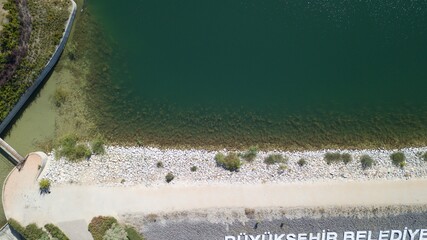Aerial view of barrage lake at the nature. 