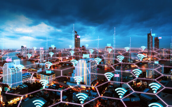 Smart Network and Connection city of Bangkok Thailand at dusk