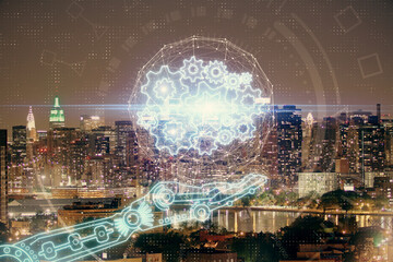 Data theme hologram drawing on city view with skyscrapers background double exposure. Ai concept.