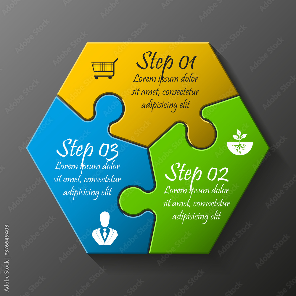 Fototapete three sided 3d puzzle presentation infographic template with explanatory text field for business sta
