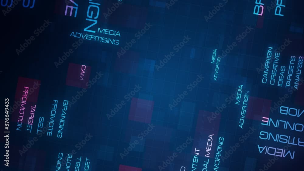 Poster digital marketing word tag cloud text animation on modern futuristic digital technology blue and red