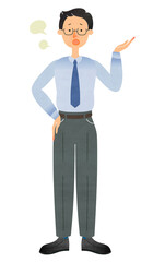 困った顔で腰に手を当てながら説明するスーツ姿のメガネの男性
