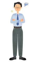 困った顔で腕を組みながらため息をつくスーツ姿のメガネの男性
