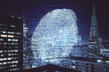 Double exposure of finger print hologram and cityscape background. Concept of personal security.