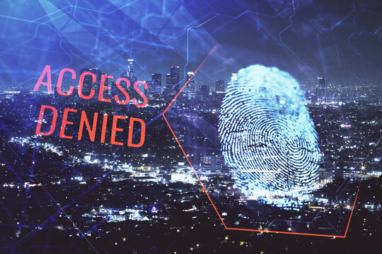 Double exposure of finger print hologram and cityscape background. Concept of personal security.