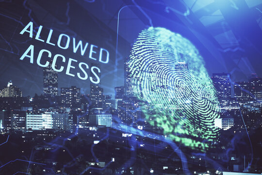 Double exposure of finger print hologram and cityscape background. Concept of personal security.