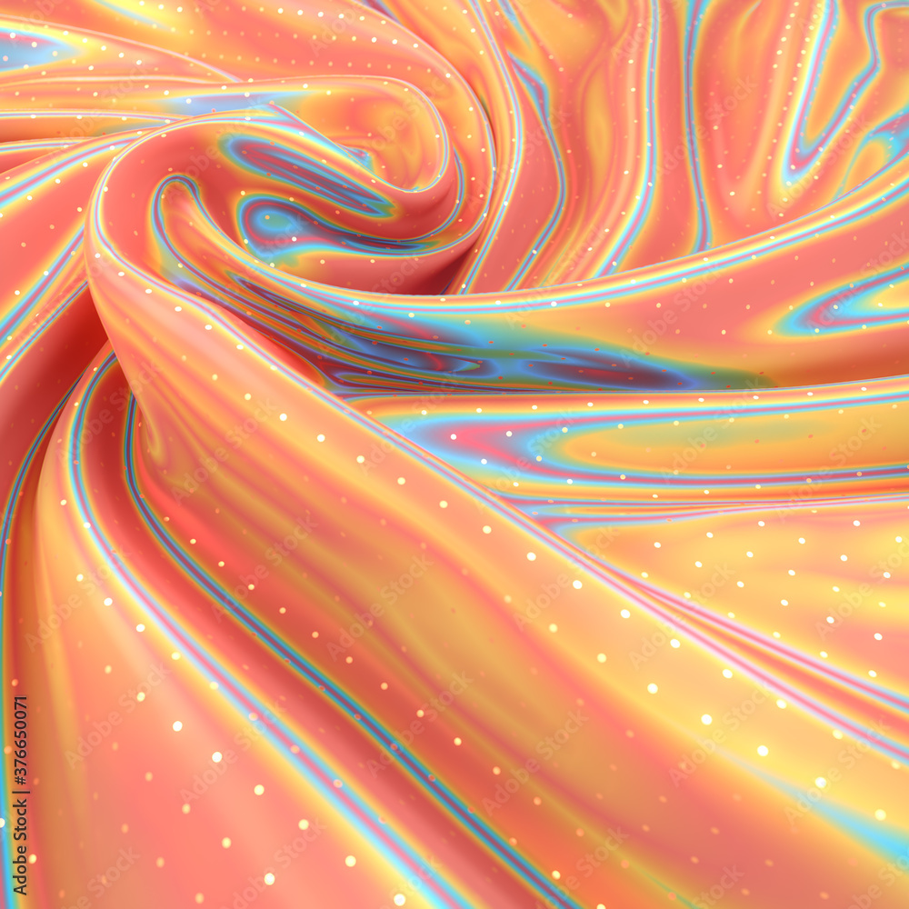 Poster Multi colored iridescent wavy fabric with polka dot glitter pattern 3d rendering