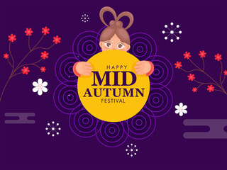 Cute Chinese Girl Holding Yellow Circle Paper or Label of Happy Mid Autumn Festival and Flower Branches Decorated on Purple Background.