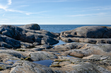 Blue sky, sea, nice cliffs. View of the archipelago in northern Gothenburg. A nice summer day in...