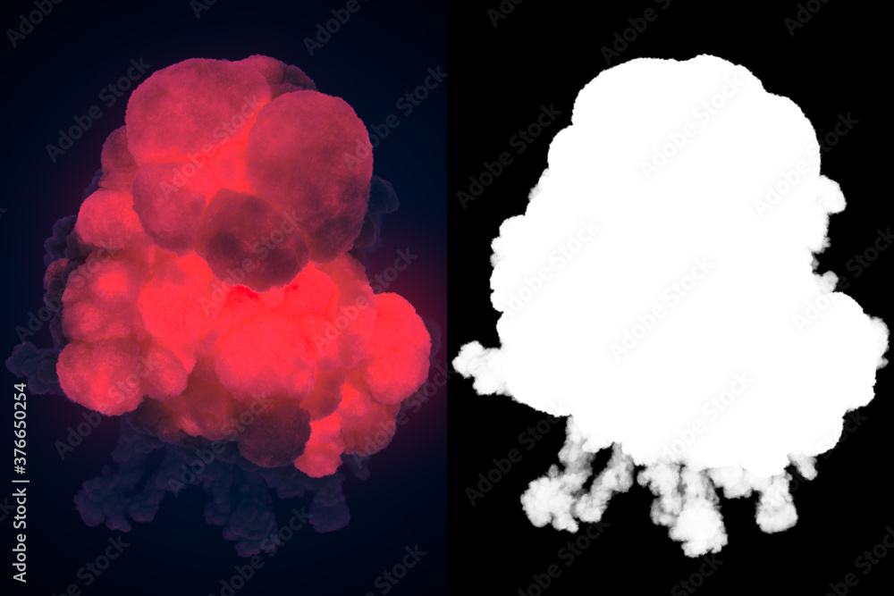 Poster chemical fire explosions with vast column of dark smoke. alpha channel 3d render