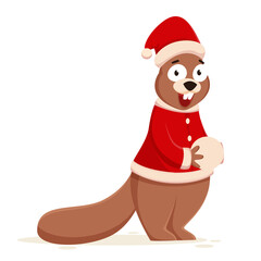 Cartoon Squirrel Holding Snowball and Wear Santa Hat with Jacket.