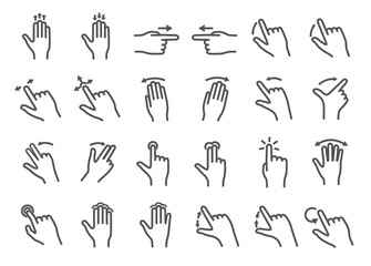 Large set of black and white Gesture icons showing hands swiping, pointing, pressing buttons and zooming , vector illustration for design elements