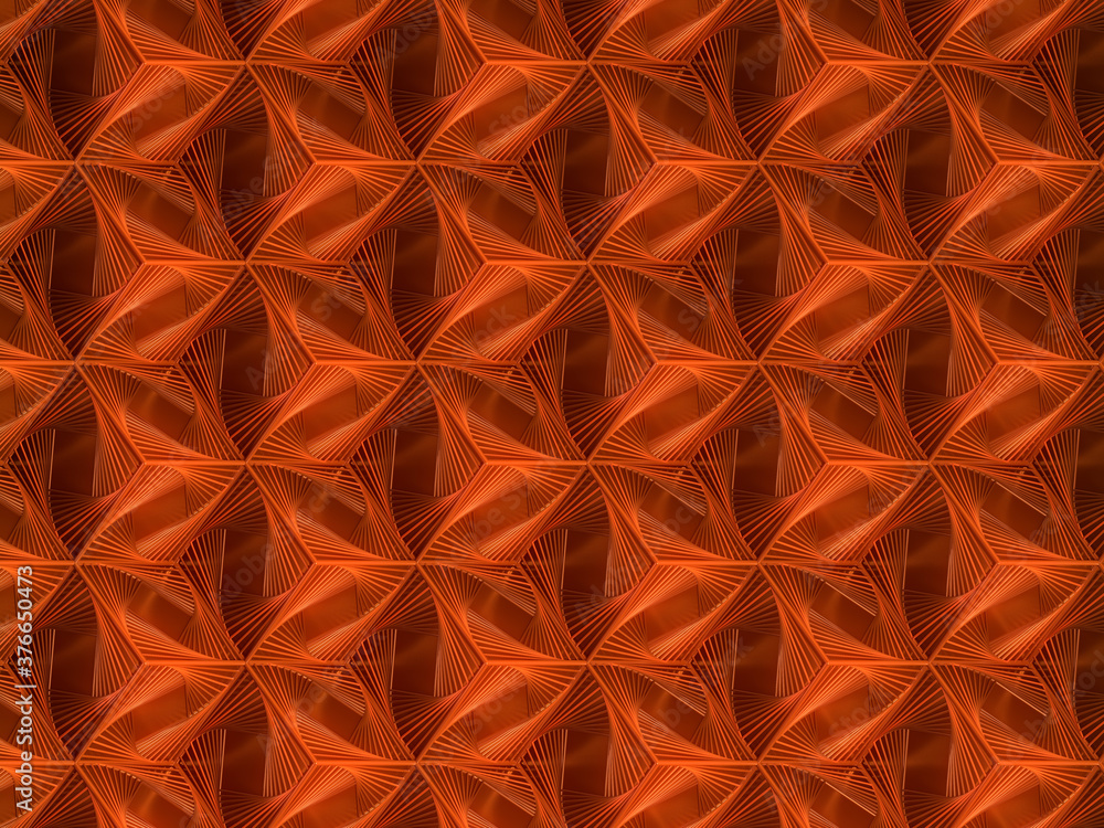 Poster Shiny orange cubes with colorful spiral wire frame pattern. 3d rendering