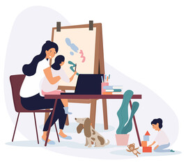 Busy mother watching her children and dog with one young child painting and the other playing on the floor, colored vector illustration