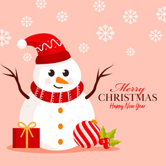 Merry Christmas & Happy New Year Poster Design with Cartoon Snowman Wear Santa Hat, Gift Box, Holly Berry, Bauble and Snowflakes Decorated on Pastel Peach Background.