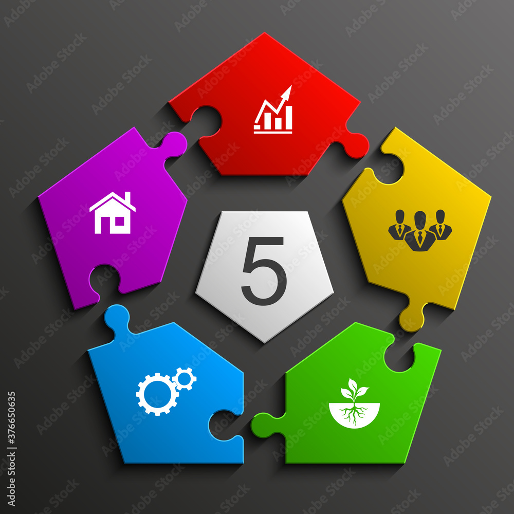 Fototapete five sided 3d puzzle presentation infographic template with explanatory text field for business stat