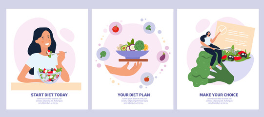 Vegetarian concept with healthy fresh diet showing a woman eating salad, bowl of greens and making a choice. Vector illustration - obrazy, fototapety, plakaty