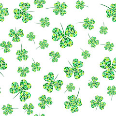 Seamless pattern with green mosaic clover leaves. Modern background with repeating elements for packaging, printing, fabric. Vector illustration
