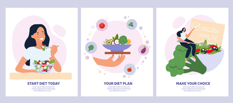 Vegetarian concept with healthy fresh diet showing a woman eating salad, bowl of greens and making a choice. Vector illustration