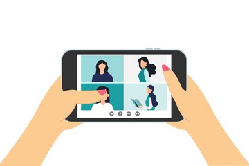 Remote work with a business meeting via video conferencing. Joining teams by phone. Hands holding a phone with a video call. Vector