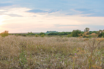 Beautiful autumn landscape in hunting place. Horizon view, dry grass