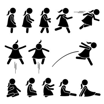 Little girl basic action poses stick figure icons. Vector illustration of a small girl standing, walking, running, jumping, and sitting on the floor.