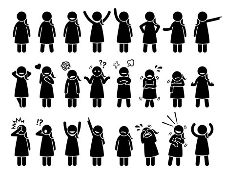 Little girl standing poses, emotions,  feelings, and actions stick figures icons. Vector illustrations of small girl with different body languages.
