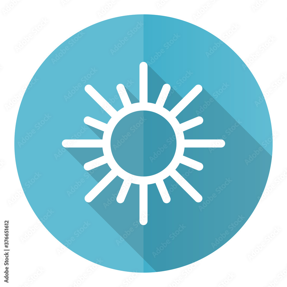 Poster sun vector icon, flat design blue round web button isolated on white background