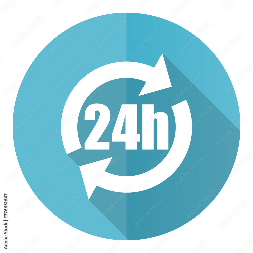 Poster 24h vector icon, flat design blue round web button isolated on white background