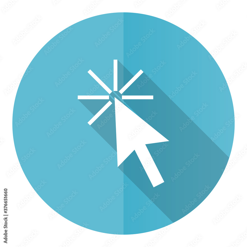 Poster click here vector icon, flat design blue round web button isolated on white background