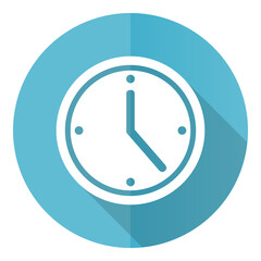 Time vector icon, flat design blue round web button isolated on white background