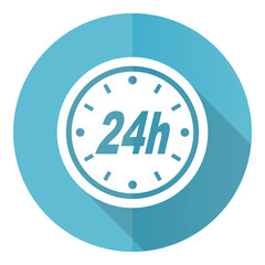 24h vector icon, flat design blue round web button isolated on white background