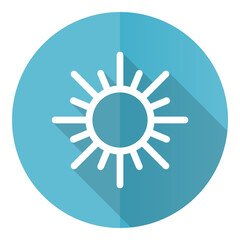 Sun vector icon, flat design blue round web button isolated on white background
