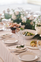 Table set for an event party or wedding reception. Banquet table design