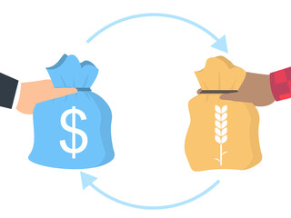 People exchanging money for goods. The concept of commodity money relations. Colored vector illustration.