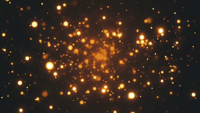 Festive abstract christmas texture, golden bokeh particles and highlights on dark background