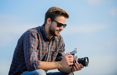 stop the moment. capture adventure. journalist. macho man with camera. photographer in glasses....
