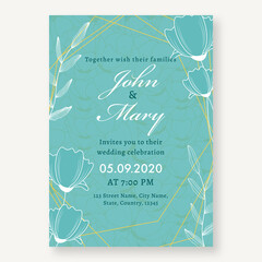 Floral Wedding Invitation Card Design in Turquoise Color with Event Details.