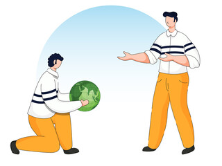 Cartoon Man Holding Green Globe with Other Person Stand on Blue and White Background.