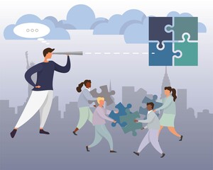 Business leader concept. Team puzzle metaphor. People connecting puzzle elements. Flat illustration flat design simple style. Symbol different races teamwork, heterosexual cooperation, partnership