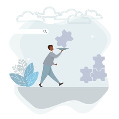 Flat waiter man puzzle landing, great garcon design for any purposes. Successful business man working. Communication, connection concept. Corporate business puzzle concept. Successful business team