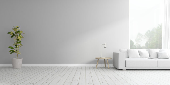 3d render of living room with sofa and vase of plant on wooden floor and white wall.	
