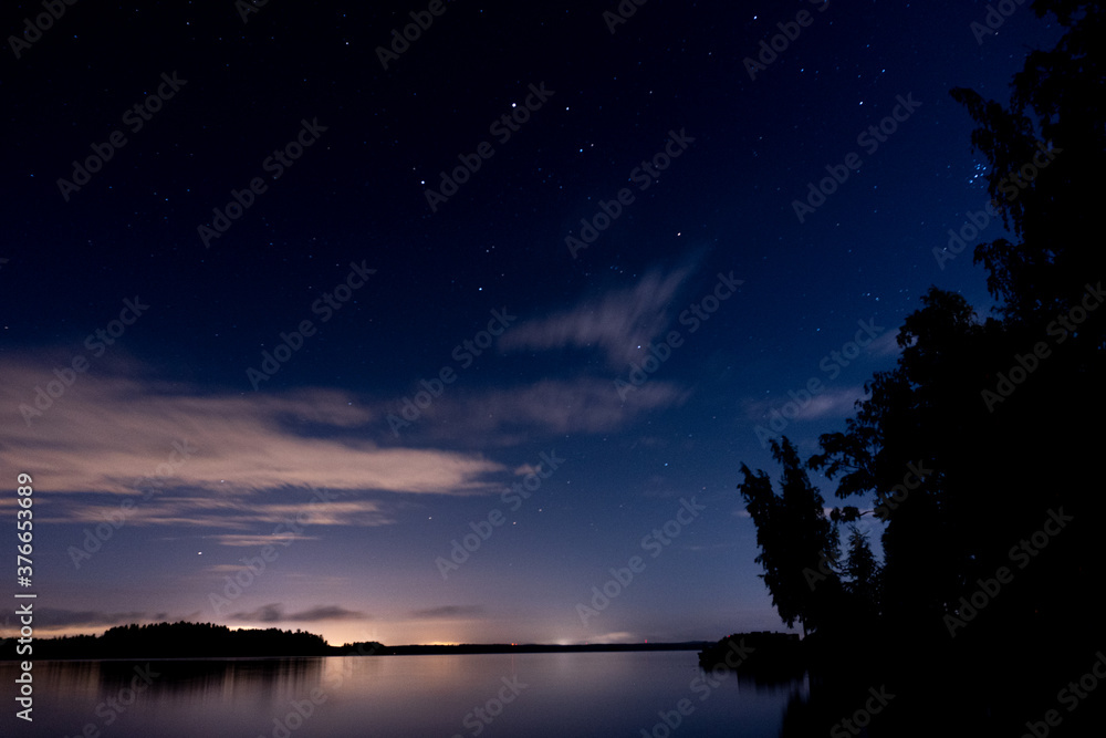 Wall mural nightly land scape of vesilahti, finland. sunset and stars. lake, blue finnish