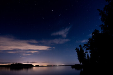 Fototapeta na wymiar Nightly land scape of Vesilahti, Finland. Sunset and stars. Lake, blue finnish